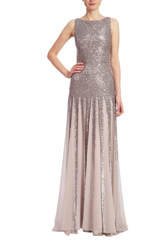 Badgley Mischka Sequined Godet Evening Gown - PEWTER - Front 