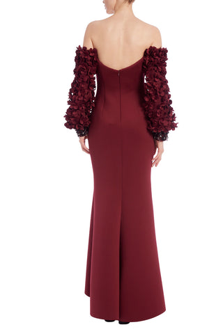 Badgley Mischka Off-Shoulder Petal Sleeve Gown - WINE - Back 