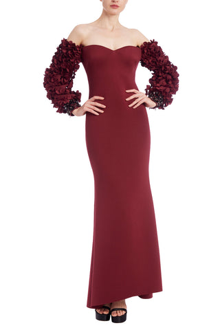 Badgley Mischka Off-Shoulder Petal Sleeve Gown - WINE - Front