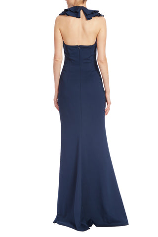 Badgley Mischka Cascading Ruffle Halter Gown - NAVY - back