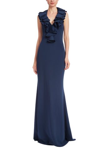 Badgley Mischka Cascading Ruffle Halter Gown - NAVY - Front