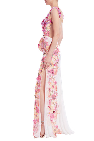 Badgley Mischka Placed Floral Embellishment Square Neck Open Back Side Slit Sleeveless Gown - WHITE MULTI - Side