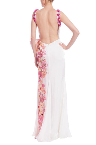 Badgley Mischka Placed Floral Embellishment Square Neck Open Back Side Slit Sleeveless Gown - WHITE MULTI - Back