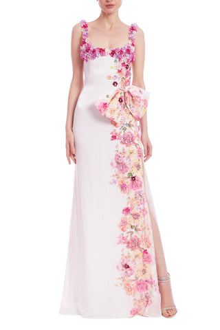 Badgley Mischka Placed Floral Embellishment Square Neck Open Back Side Slit Sleeveless Gown - WHITE MULTI - Front