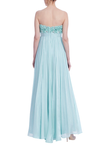 Badgley Mischka Strapless Chiffon Gown with Floral Bodice - SEAFOAM - BACK