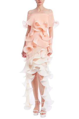 Badgley Mischka Off-the-Shoulder Pleated Organza Ombre Gown - PEACH MULTI - Front 