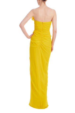 Badgley Mischka Strapless Dramatic Ruffle Front Design Back Zipper Closure Georgette Gown Dress - YELLOW - Back