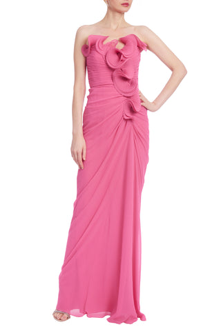 Badgley Mischka Strapless Dramatic Ruffle Front Design Back Zipper Closure Georgette Gown Dress - STRAWBERRY - Front