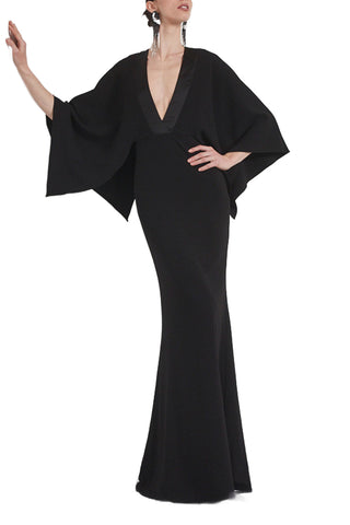 Badgley Mischka Heavy Stretch Crepe With Satin Trim Gown - BLACK - Front View