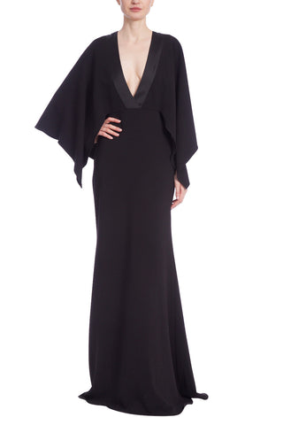 Badgley Mischka Heavy Stretch Crepe With Satin Trim Gown - BLACK - Front