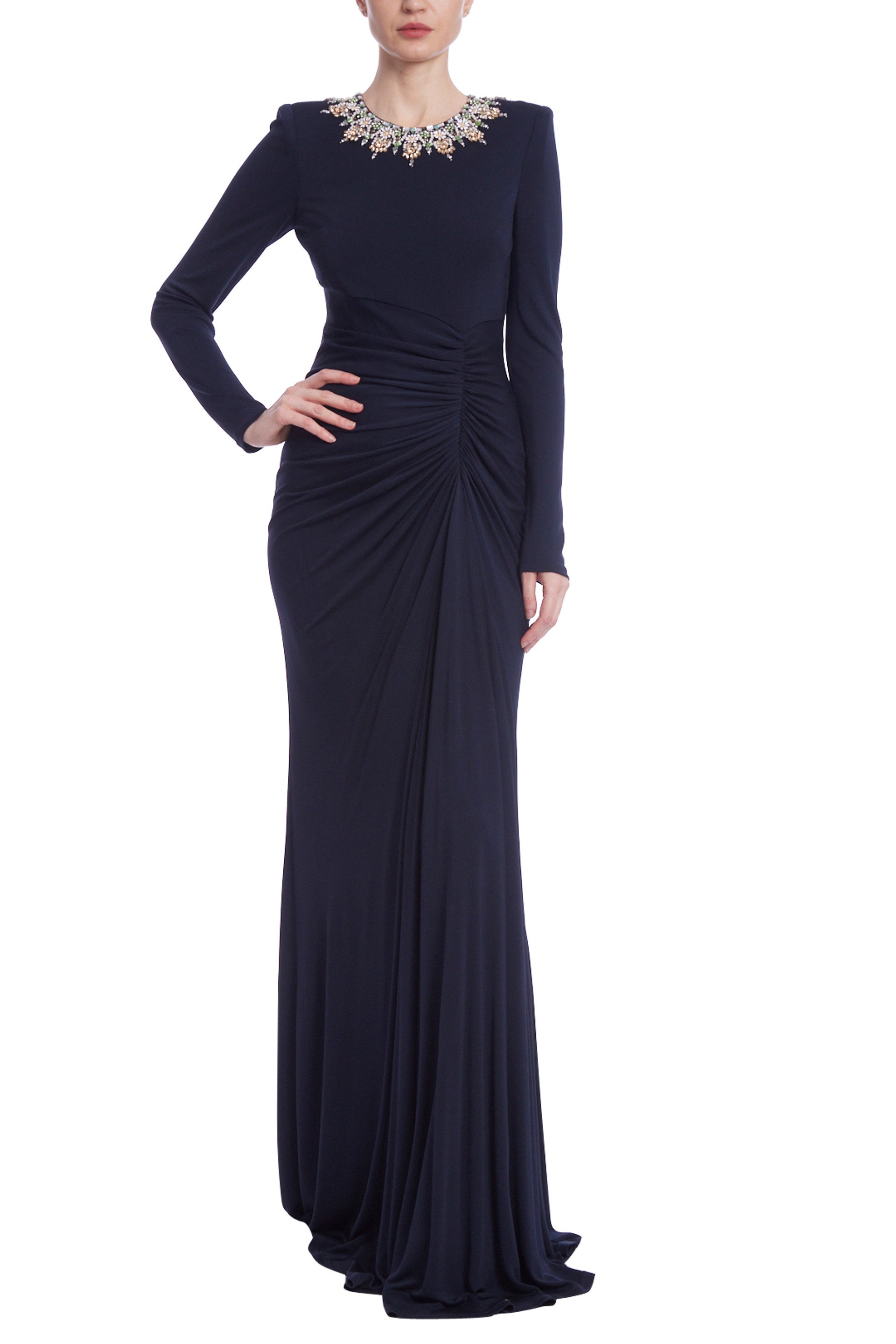 Badgley Mischka Beaded Jewel Neck Long Sleeve Matte Jersey Bodice Zipper Back Gown Badgley Mischka Beaded Jewel Neck Long Sleeve Matte Jersey Bodice Zipper Back Gown