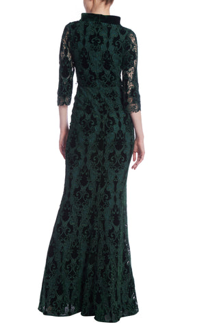Badgley Mischka Scroll Lace-Decorated Velvet Mixed Media Mock Neck Column Gown - EMERALD - back