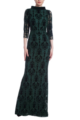 Badgley Mischka Scroll Lace-Decorated Velvet Mixed Media Mock Neck Column Gown - EMERALD - front