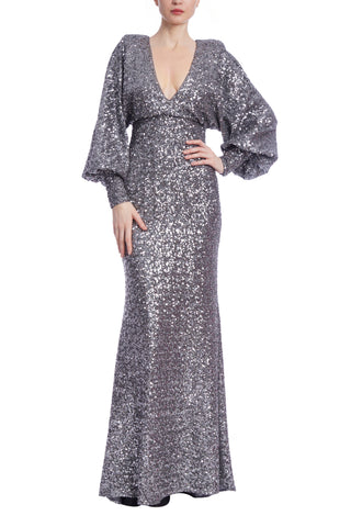 Badgley Mischka Deep V-Neck Dolman Long Sleeve Cinched Waist Floor-Length Sequin Dress Gown Badgley Mischka Deep V-Neck Dolman Long Sleeve Cinched Waist Floor-Length Sequin Dress Gown