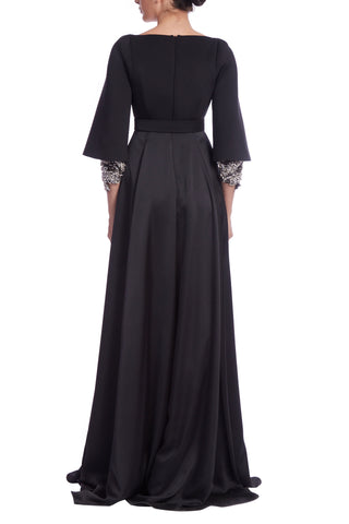 Badgley Mischka Square Neck V-Notch Beaded Cuffs Empire Waist Floor-Length Satin Dress Gown | Available at Curated Brands in Los Angeles Badgley Mischka Square Neck V-Notch Beaded Cuffs Empire Waist Floor-Length Satin Dress Gown | Available at Curated Brands in Los Angeles