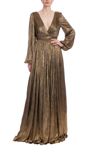 Badgley Mischka Deep V-Neck Long Billowy Sleeves Cinched Waist Metallic-Toned Hue Foil Pleated Gown | Available at Curated Brands in Los Angeles Badgley Mischka Deep V-Neck Long Billowy Sleeves Cinched Waist Metallic-Toned Hue Foil Pleated Gown | Available at Curated Brands in Los Angeles
