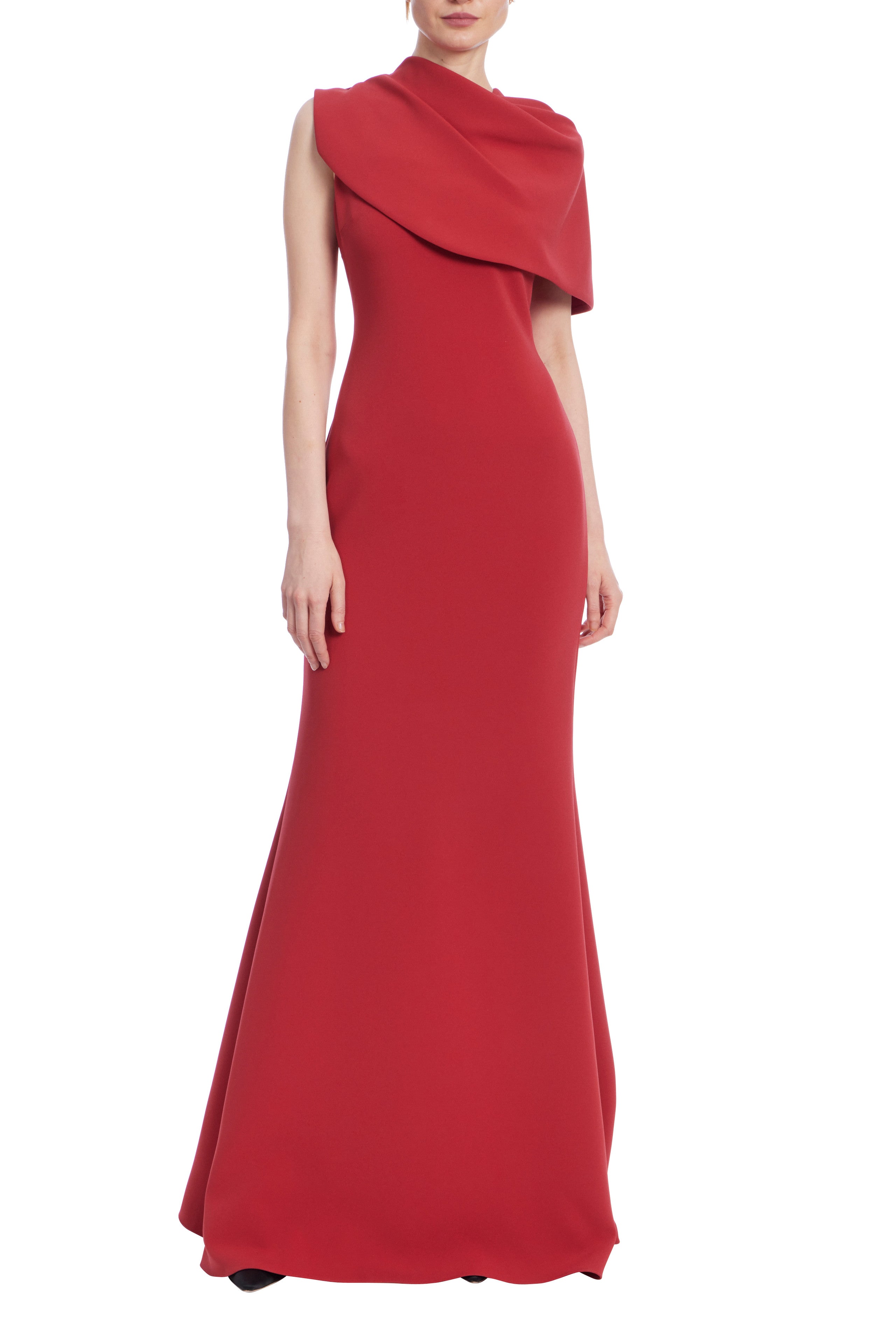 badgley mischka red one shoulder dress One-shoulder draped cloqu gown - crimson