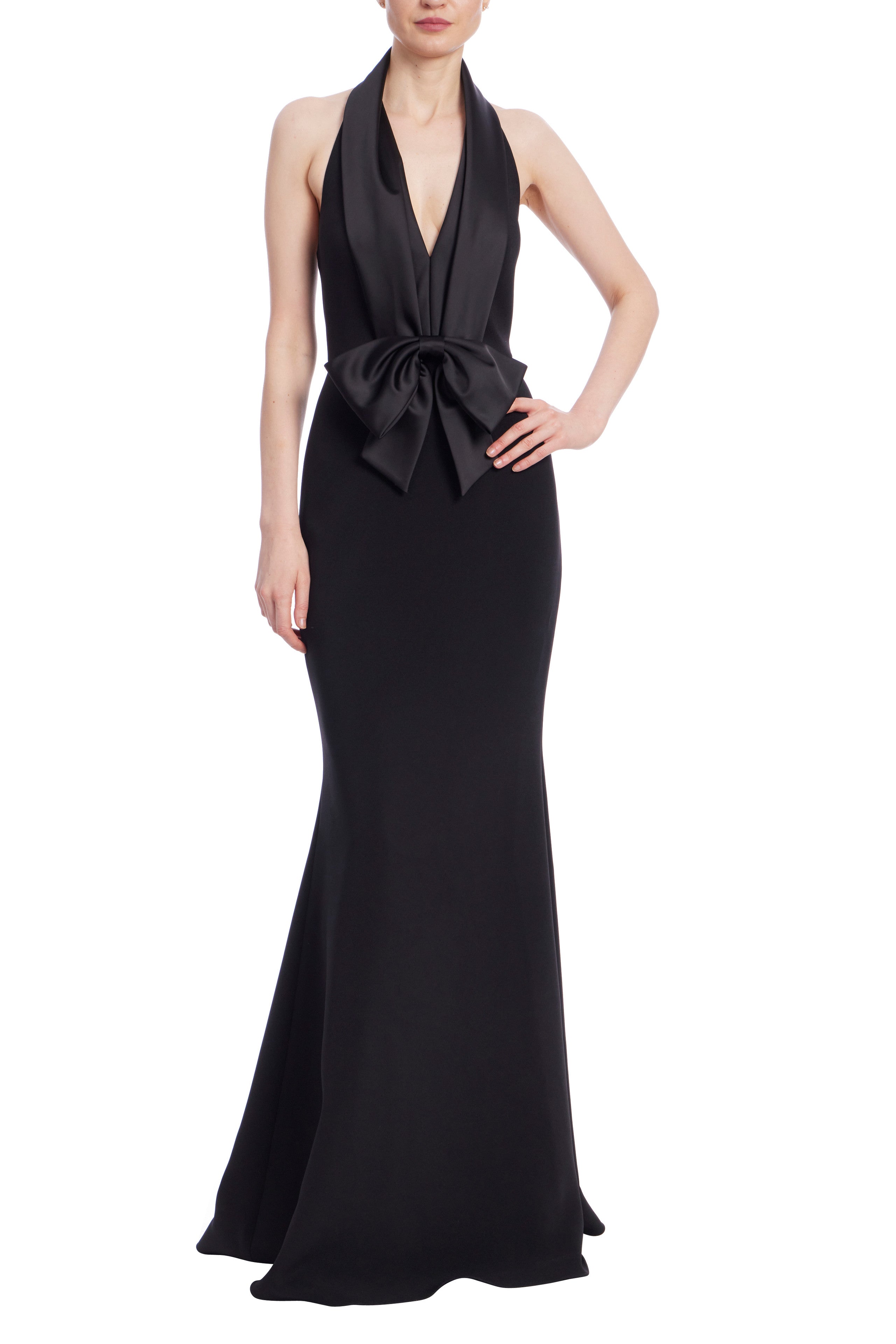 Badgley Mischka Bow-Tie Tuxedo Deep Neckline Sleeveless Halter Gown Dress | Available at Curated Brands in Los Angeles Badgley Mischka Bow-Tie Tuxedo Deep Neckline Sleeveless Halter Gown Dress | Available at Curated Brands in Los Angeles