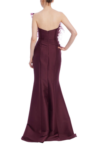 Badgley Mischka Strapless Bodice Feather Detail Tulle Gown - WINE - BACK