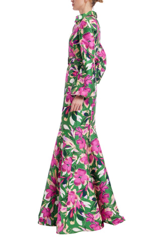Badgley Mischka Bold Floral Print Dramatic Bell Sleeves Wide Sash Belt Sharp Collar Shirt Gown Dress