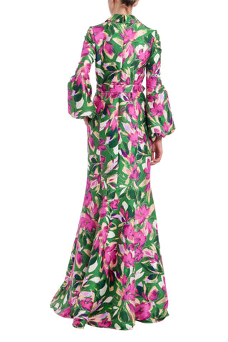 Badgley Mischka Bold Floral Print Dramatic Bell Sleeves Wide Sash Belt Sharp Collar Shirt Gown Dress - EMERALD MULTI - back