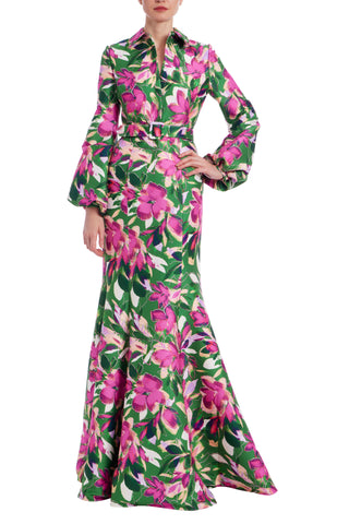 Badgley Mischka Bold Floral Print Dramatic Bell Sleeves Wide Sash Belt Sharp Collar Shirt Gown Dress - EMERALD MULTI - front