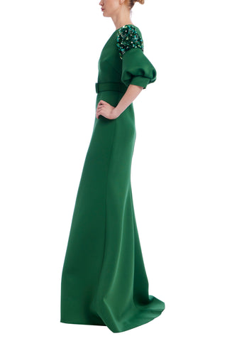 Badgley Mischka V-Neckline Puffed Sleeves Beaded Shoulders Cinched Belt Waist Statuesque Gown Dress
