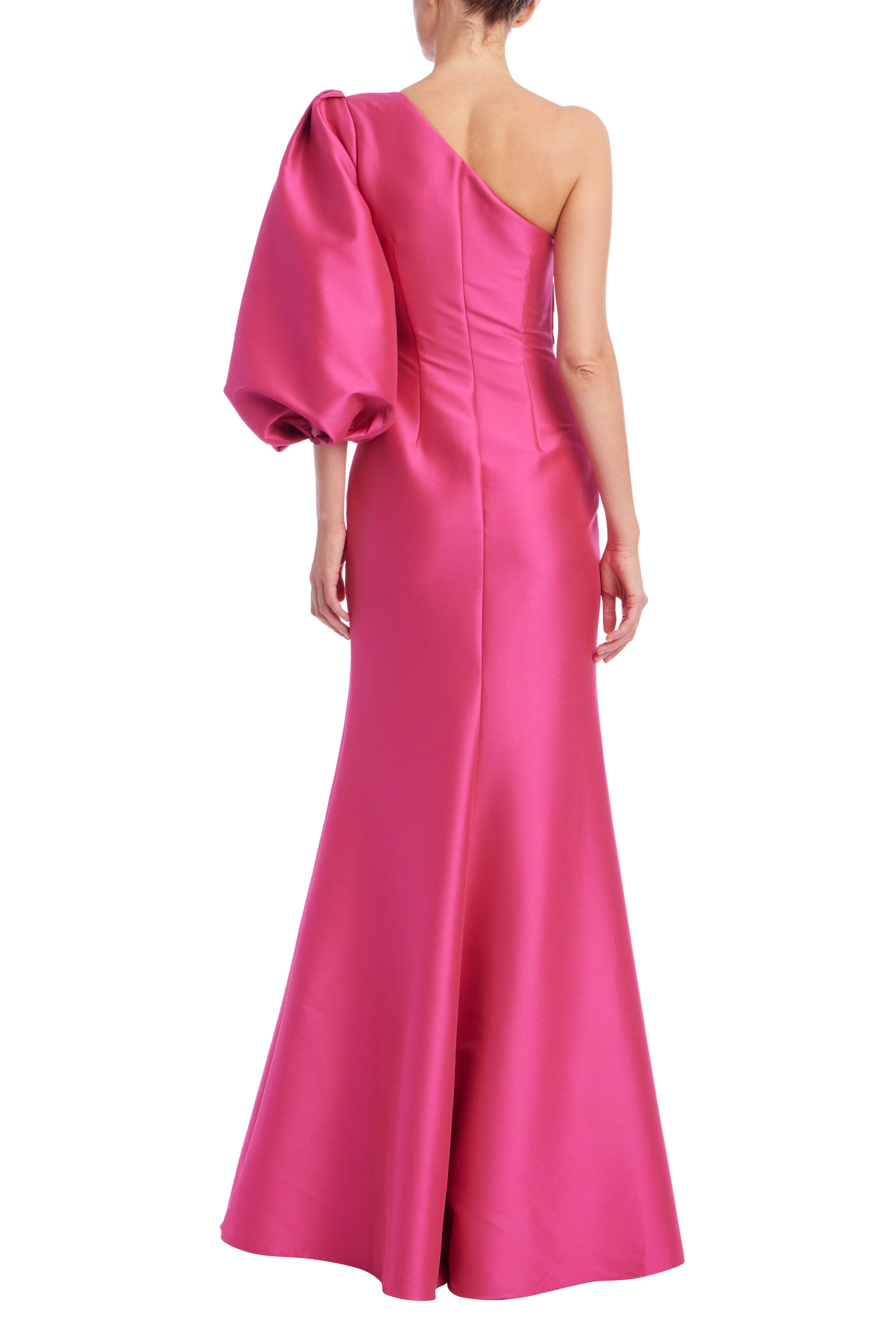 Badgley Mischka Asymmetrical One-Shoulder Puff Balloon Sleeves Pleated Fit Bodice Mermaid Gown Dress Badgley Mischka Asymmetrical One-Shoulder Puff Balloon Sleeves Pleated Fit Bodice Mermaid Gown Dress