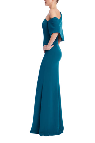 Badgley Mischka One-Shoulder Asymmetrical Neckline Streamlined Silhouette Wrap Column Gown Dress