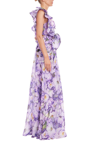 Badgley Mischka Ruffled One-Shoulder Strap Sweetheart Neckline A-Line Skirt Floral Lilac Gown Dress