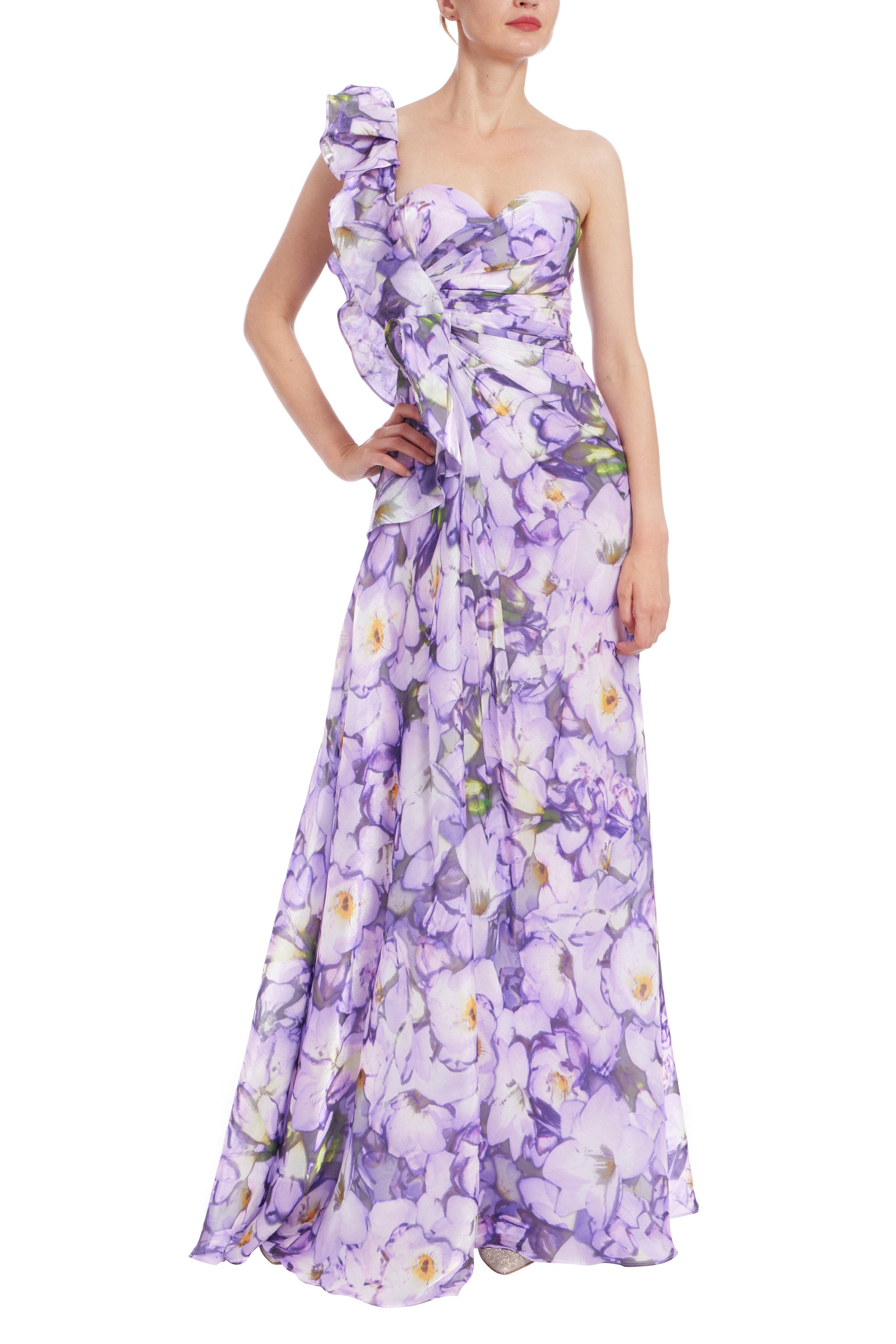 badgley mischka one shoulder ruffle dress Badgley Mischka One-Shoulder Pleated Leaf Evening Gown, Size: 8 in Rose