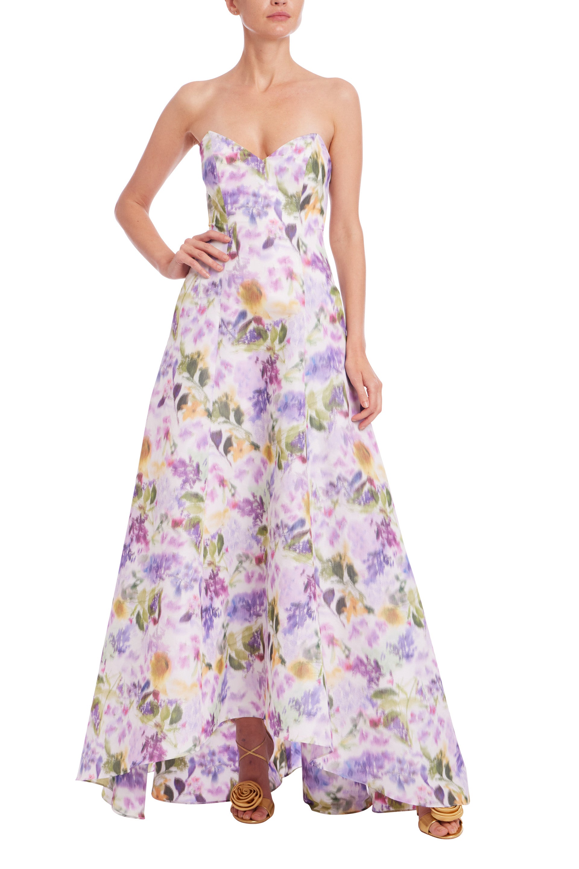 badgley mischka purple floral dress Badgley Mischka Collection Abstract Floral Long Sleeve Taffeta Mermaid Gown In Lilac Multi