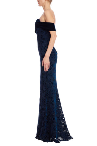 Badgley Mischka Off-Shoulder Velvet & Burnout Lace Column Gown