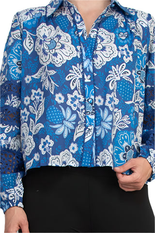 Elie Tahari Vibrant Blue Floral Collared Neckline Lace Trim Long Sleeves Top Blouse Dress
