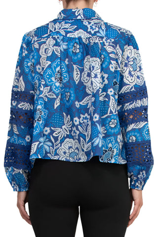 Elie Tahari Vibrant Blue Floral Collared Neckline Lace Trim Long Sleeves Top Blouse Dress - PRINT - Back