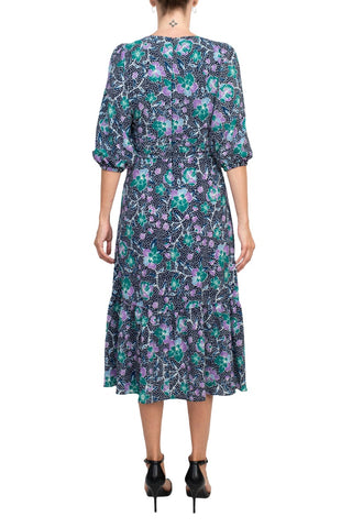 Maggy London V-Neck 3/4 Sleeve Elastic Cuff’s Pleated Faux Button Front Zipper Back Flutter Hem Floral Print Crepe Dress