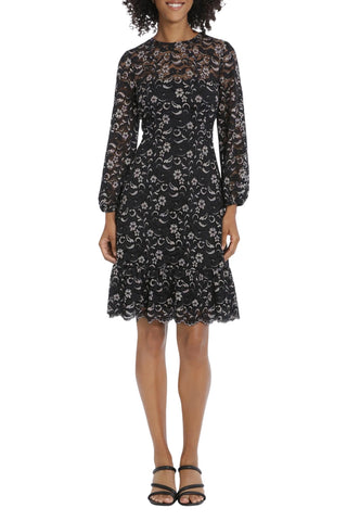 Maggy London Floral Lace Long Sleeve Fit & Flare Dress - Black Multi - Front