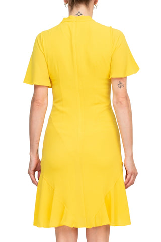 Maggy London Tie Neck Short Sleeve Ruffled Hem Solid Crepe Dress