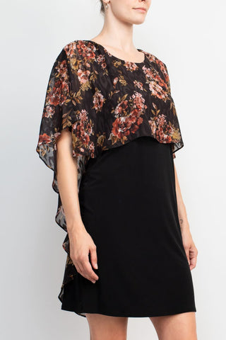 Glamour Nights Scoop Neck Floral Print Cape Short Sleeve ITY Dress