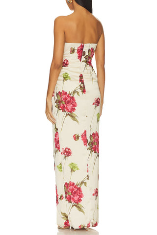 Katie May Floral Print Strapless Boned Twist Bodice Back Zipper Side Seam Slit Fitted Gown Maxi Dress - FALL PEONY - Back