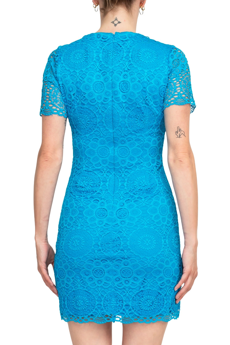 Laundry Crew Neck Short Sleeve Solid Concealed Zipper Back Shift Lace Dress | Available at Curated Brands in Los Angeles Laundry Crew Neck Short Sleeve Solid Concealed Zipper Back Shift Lace Dress | Available at Curated Brands in Los Angeles