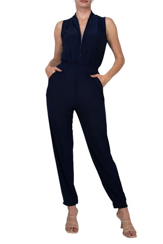 Laundry V-Neck Zipper Front Sleeveless Ruched Solid Jumpsuit