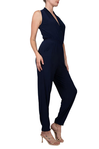 Laundry V-Neck Zipper Front Sleeveless Ruched Solid Jumpsuit