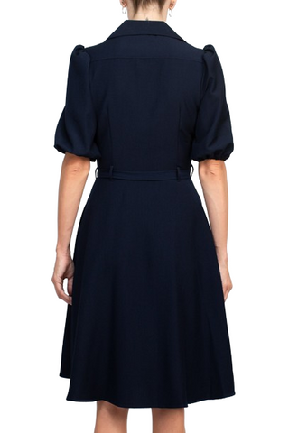 Sharagano Collared Short Sleeve Button Front Closure Tie Waist Solid Stretch Crepe Dress With Pockets - Dark Navy - Back