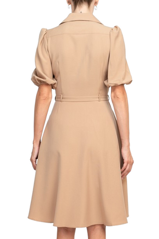 Sharagano Collared Short Sleeve Button Front Closure Tie Waist Solid Stretch Crepe Dress With Pockets - Toasty Sand - Back