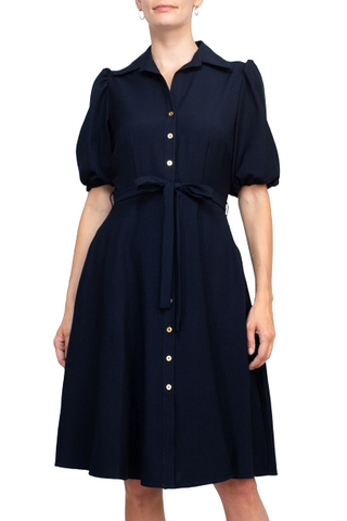 Sharagano Collared Short Sleeve Button Front Closure Tie Waist Solid Stretch Crepe Dress With Pockets - Dark Navy - Front