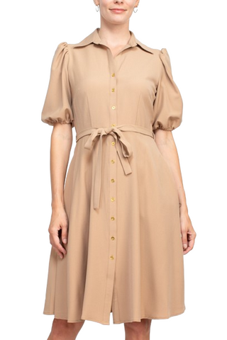 Sharagano Collared Short Sleeve Button Front Closure Tie Waist Solid Stretch Crepe Dress With Pockets - Toasty Sand - Front