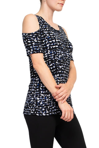 Leota Scoop Neck Cutout Shoulder Short Sleeve Multi Print Jersey Top