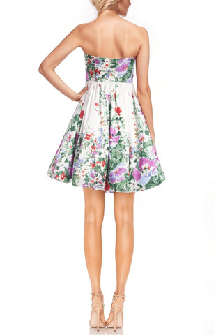 Badgley Mischka Bright Floral Print Strapless Shoulder-Baring Neckline Fitted Bodice Cinched Waist Bubble Hem Mini Dress - GREEN MULTI - Back