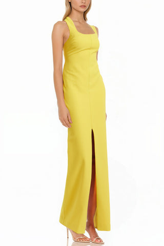 Jewel Badgley Mischka Emma Square Neckline Sleeveless Fit Bodice Front Slit Column Sheath Maxi Gown Dress